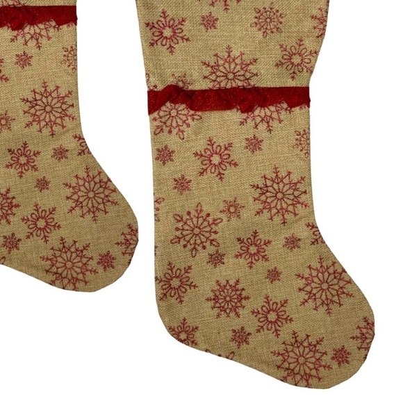 Christmas Stockings Burlap Snowflakes Ruffle Subtle Glitter Set of 2 Brown Red - Picture 4 of 9